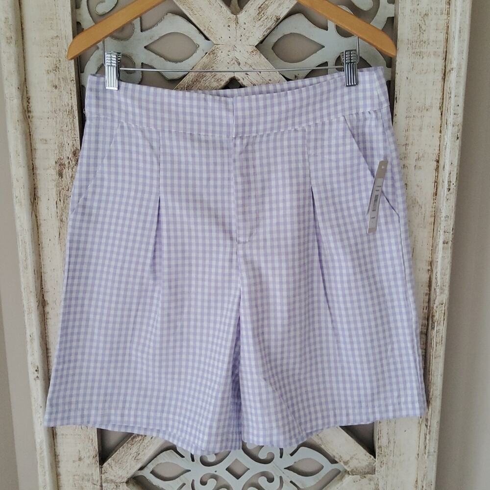 Sunny Leigh Women's Gingham Pleated Bermuda Shorts in Lavender